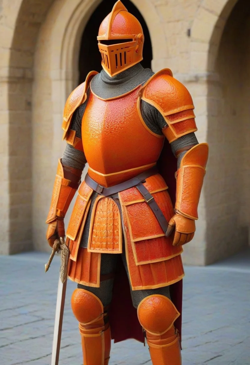 masterpiece, hyper detailed, very realistic photograph, score_9, high quality, (best quality:1.2), made of orange, medieval orange knight with blood orange style armor, castle background