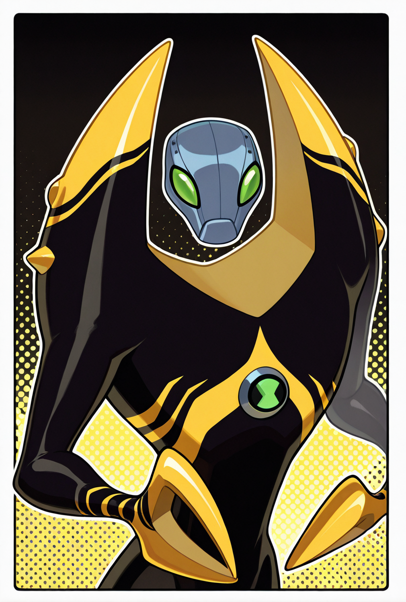 <lora:lodestar-10:1> lodestar, solo, alien, robot, no humans, green eyes, crab claws, black body, pincers, yellow stripes, yellow background, black background, small head, grey head, shoulder spikes, arms at viewer, masterpiece, best quality, amazing quality, very aesthetic, absurdres, newest,, upper body, halftone effect, white borders, abstract background:1.2,