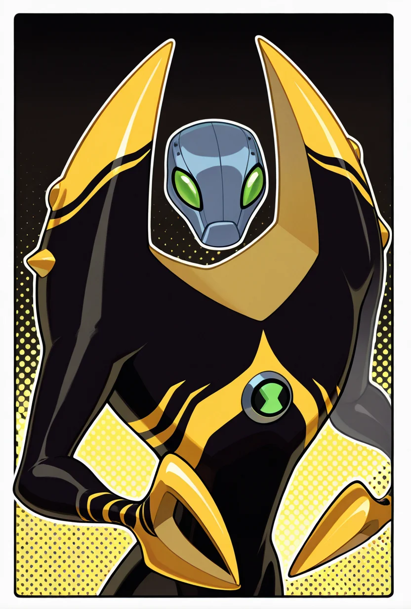 <lora:lodestar-10:1> lodestar, solo, alien, robot, no humans, green eyes, crab claws, black body, pincers, yellow stripes, yellow background, black background, small head, grey head, shoulder spikes, arms at viewer, masterpiece, best quality, amazing quality, very aesthetic, absurdres, newest,, upper body, halftone effect, white borders, abstract background:1.2,