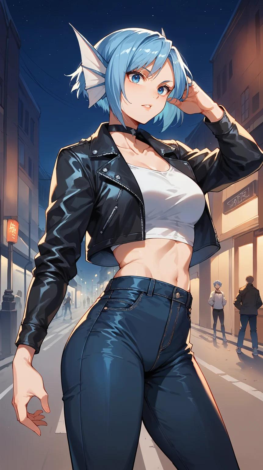 score_9,score_8_up,score_7_up,score_6_up, <lora:xl_more_art-full_v1:0.5>, source_anime, girl, dynamic pose, prostration, <lora:Sirius - Pony-000004:0.8>, short hair, blue hair, blue eyes, head fins, leather jacket, cropped jacket, choker, biker clothes, night, darkness, streets, black jeans,