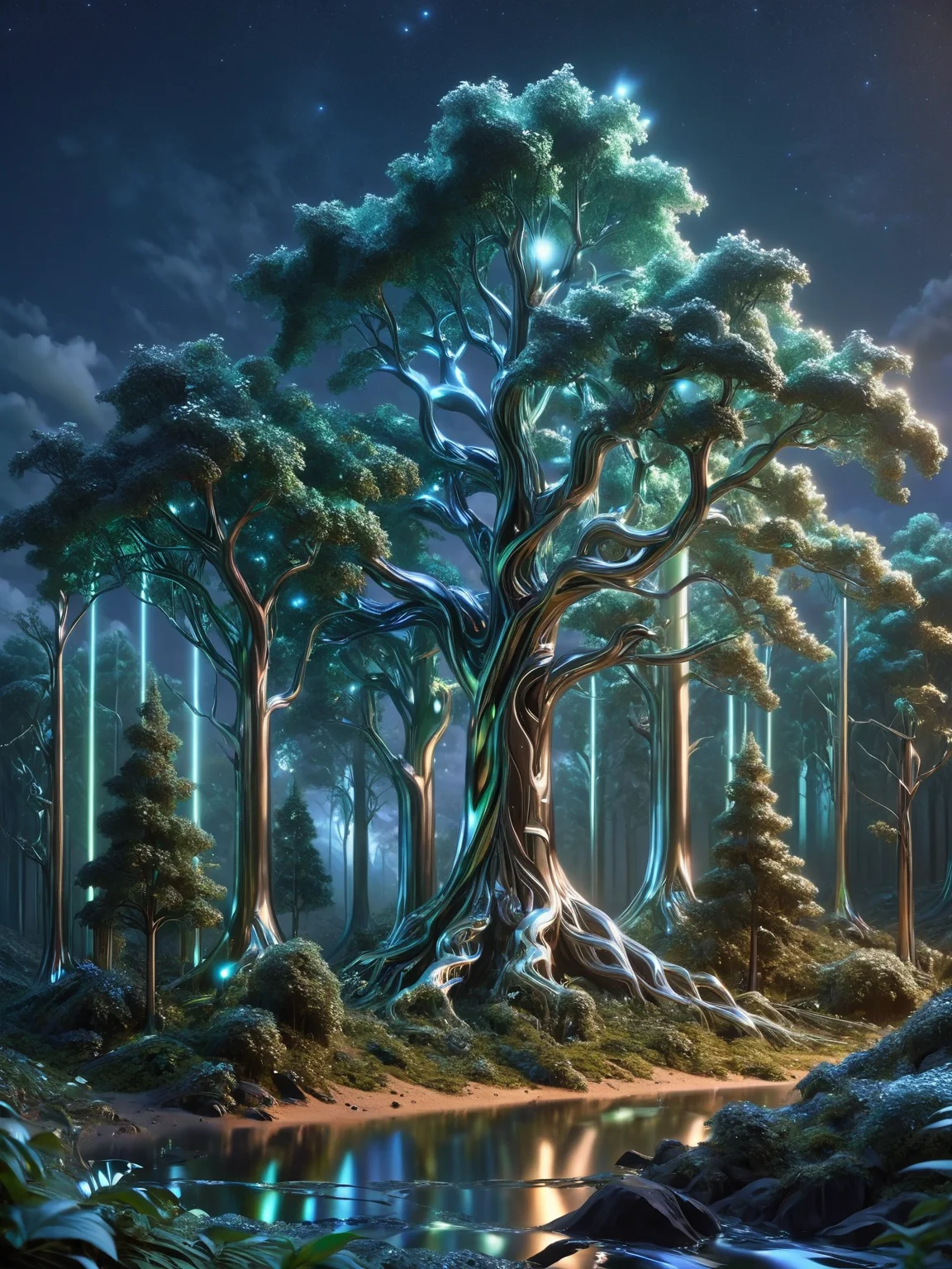 A mystical forest where trees and plants are made of ais-metalz materials, glowing under a starlit sky, creating a fusion of nature and futuristic technology <lora:Metallic_Iridescence_SDXL:1>