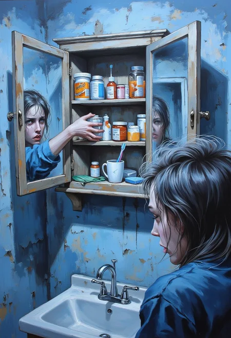 An evolyzed painting depicting an open mirror cabinet in a rundown bathroom. The painting is from the viewers point of view. We see our shaking hands reaching for a medicine container with the torn label “Zooloft”.  There are various medications on the shelf. On the bottom shelf is a toothbrush and toothpaste in a mug. The lighting is pale blue. We can see our reflection in the open cabinet doors. We are a pale, desperate and anxious looking female with disheveled hair. Below the mirror cabinet is a metal faucet and a sink. The painting evokes a sense of despair, loneliness and anxiety. There is a surreal feel to it.