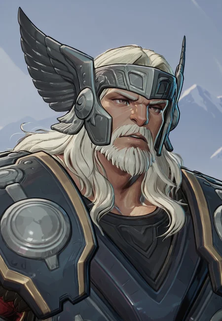 safe_pos, source_anime, rating_nsfw, ultra hd, absurdres, solo, masterpiece, best quality, best aesthetic, 1boy, male focus,

MRivalsThor, blonde hair, facial hair, beard, armor, helmet, portrait, helmet, outdoors background, norse mountains, valleys