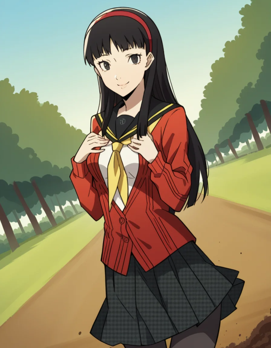 score_9, score_8_up, score_7_up, source_anime, <lora:yukiko-amagi-s1-ponyxl-lora-nochekaiser:1>, yukiko amagi, long hair, black hair, hairband, black eyes, medium breasts,, skirt, school uniform, pantyhose, serafuku, black pantyhose, shirt, white shirt, cardigan, red cardigan,, bike ride, countryside, dirt road, trees, afternoon sun, peaceful, alone, smile, looking at viewer, hands on own chest, smile, solo,, cowboy shot, dutch angle