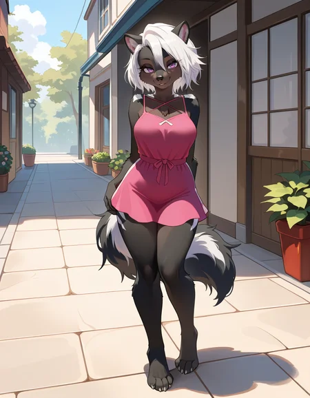 masterpiece, best quality, very aesthetic, absurdres,
outdoors, casual, 
barefoot, full body, posing, 
seductive smile, parted lips, long eyelashes,
 <lora:Vanessa_v01_NAIXL:1>
V4n3554,1girl,solo,furry,furry female,animal ears,short hair,white hair,hair between eyes,purple eyes,snout,animal nose,body fur,two-tone fur,black fur,white fur,tail,