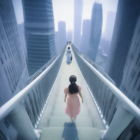 crosswalk, 1girl, bridge's buildings, air conditioner, skyscraper, railing, bridgcityy, multiple girls, solo, stairs, traditional media, bridge between buildings