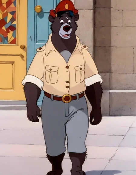 disney style cartoon, <lora:TaleSpin_-_Baloo_2:0.8> 1boy, bear baloo, cartoon, face, furry, hat, male focus, peaked cap, red headwear, solo, yellow shirt, (candy world of disney:1.4),( in art style Picasso:1.2), walking on the street, (comedic photograph of the year), screenshot from the 1983 film,