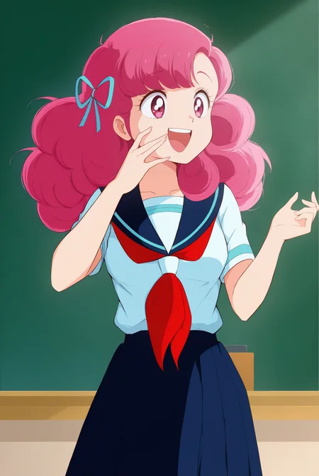 <lora:Ran V2.1:0.8> Ran, pink eyes, curly hair, pink hair, bangs, retro artstyle, 1980s (style), school uniform, serafuku, hair ribbon, ribbon, neckerchief, short sleeves, 
laughing, Standing, feet out of frame, looking at nothing, (1girl:2, solo:2), 
masterpiece, best quality, very aesthetic, absurdres, amazing quality masterpiece, hyper-detailed, (8k uhd::1.4), intense atmosphere, detailed clothing, dramatic lighting, (perfect hands), detailed face, 
school, classroom, chalkboard,