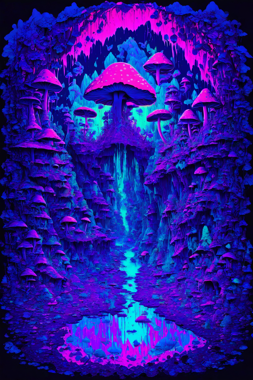 (PEEpicLand:1.6), illustration, cave, water, wet, mushroom, glowing, blacklight makeup