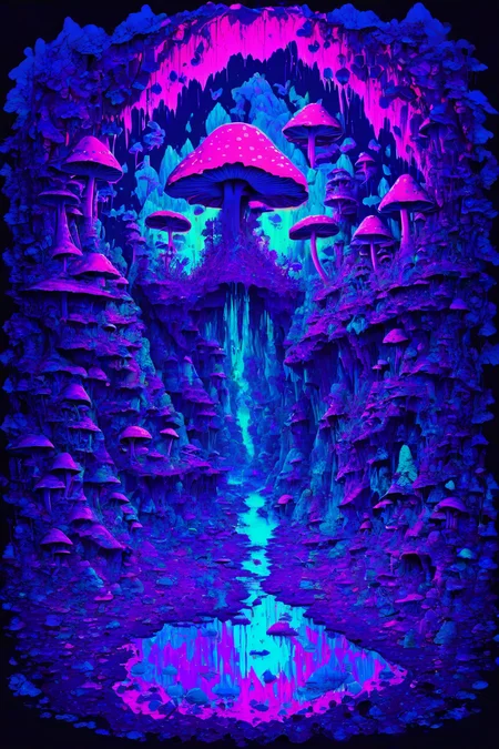 (PEEpicLand:1.6), illustration, cave, water, wet, mushroom, glowing, blacklight makeup