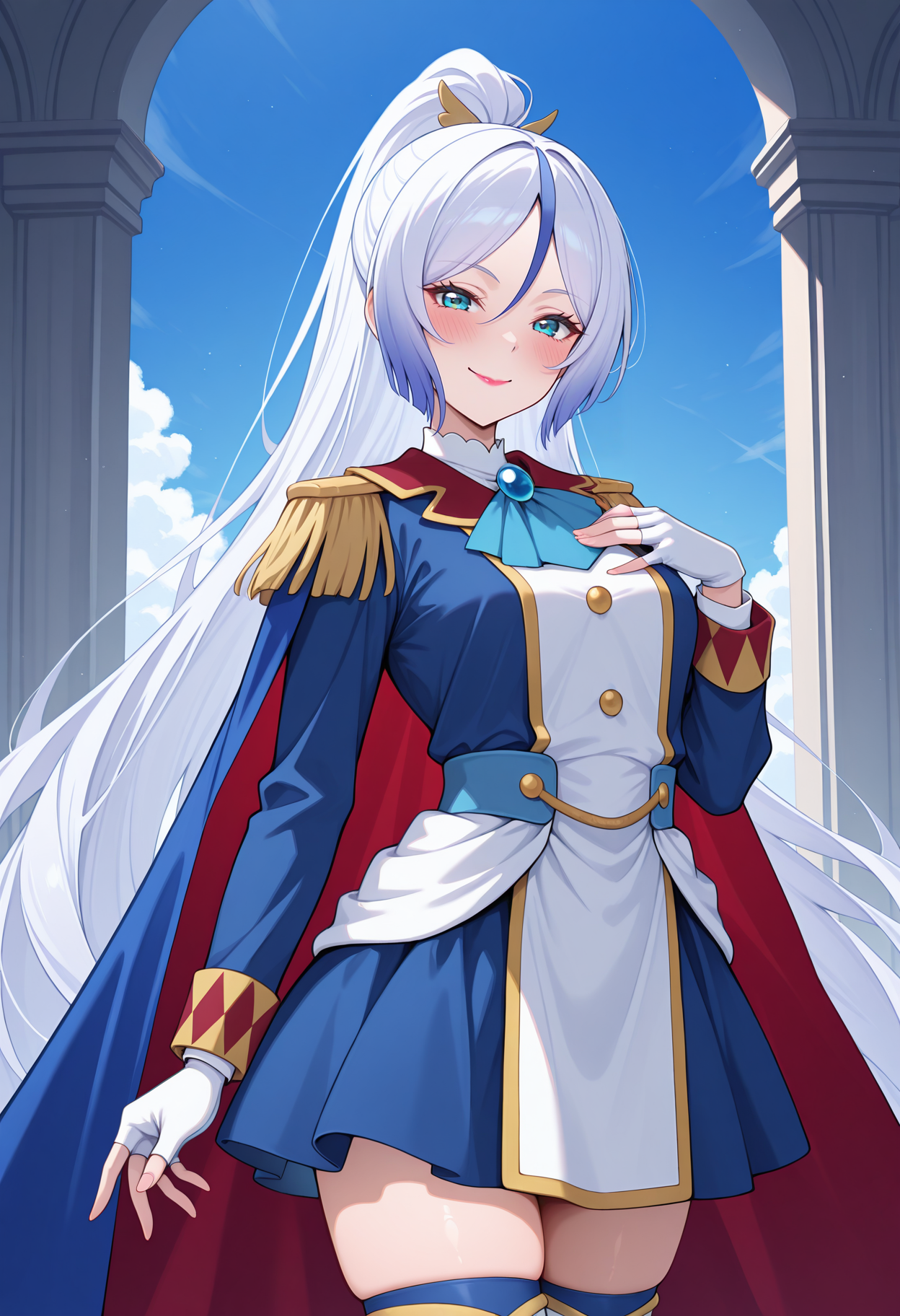highres, best quality, masterpiece,
1girl, solo, blush,
 blue sky, purishla, white hair, very long hair, streaked hair, blue hair, ponytail, aqua eyes, lipstick, shladef, two-sided cape, uniform, blue dress, blue ascot, white tabard, epaulettes, long sleeves, white gloves, fingerless gloves, aiguilette, thighhighs, white thighhighs, hand on own chest, smile, standing, legs together, looking at viewer, <lora:_captain_shalala-elesico-ilxl-000014:1>