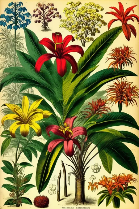 <lora:Century Botanical Illustration:1>Century Botanical Illustration - tropical/southeast asian flowers/trees singapore 1880s 2D graphics illustratior vibrant