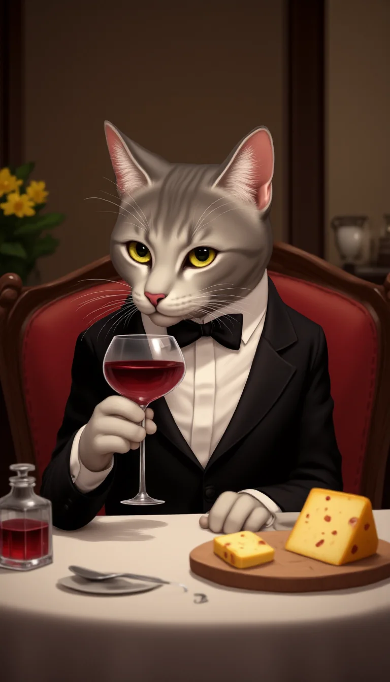 a elegant cat drinking a glass of wine, with cheese on the table, by RossDraws