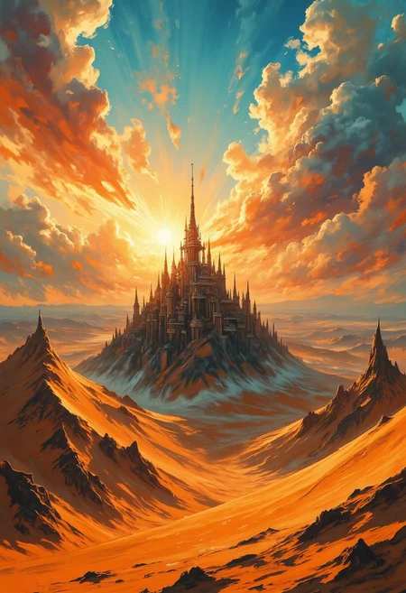 A landscape of tall dunes in a desert the stretches to the horizon. The sun is just rising above the horizon, painting the sky in vivid hues and lighting the dunes and the sand. Epic clouds catch the sunlight and a storm seems to be building in the distance. The dunes move like waves. A steampunk castle sits between the dunes, huge and mechanical.