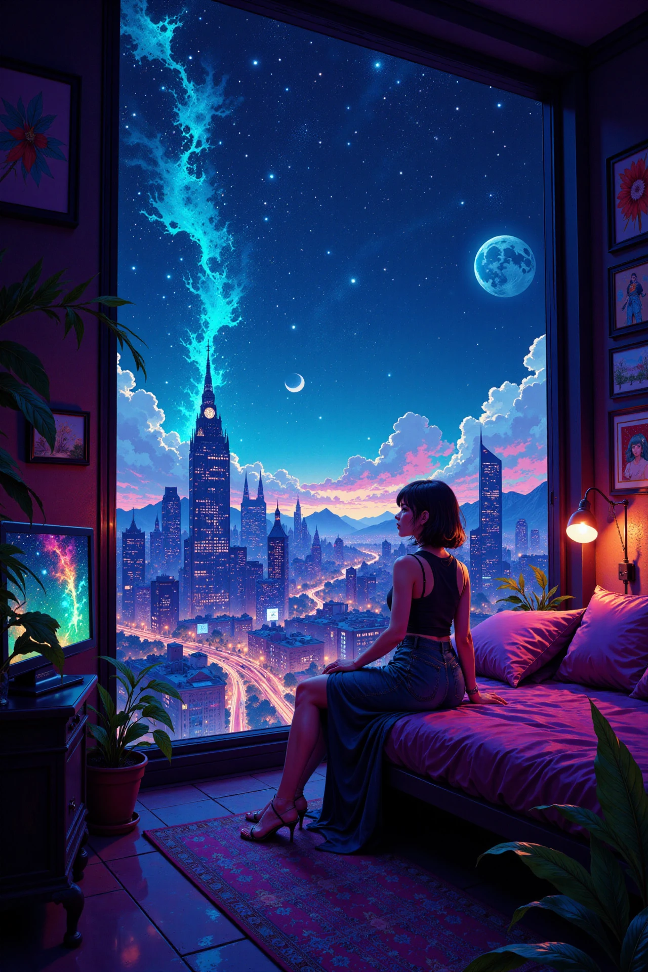 a cyberpunk room beautiful anime landscape, bright luminous starry night, woman, very intricate, very detailed, sharp, bright, colorful, <lora:Hand v2:0.5> <lora:Anti-Blur:1><lora:Insane Detail Slider:0.25>  <lora:flux.1_lora_flyway_Epic-detail_v2:0.3> <lora:fluxenhancer:0.25> <lora:ROWER:0.6> <lora:flux-charmer-v1-1:0.4> <lora:Colorful_Fantasy_Art_for_FLUX:1> fantasy art