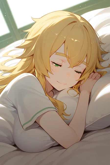 <lora:Frederica_Baumann_ReZero:1>, blonde hair, long hair, green eyes, large breasts, frederica, sleeping, smile,, (score_9,score_8_up,score_7_up)