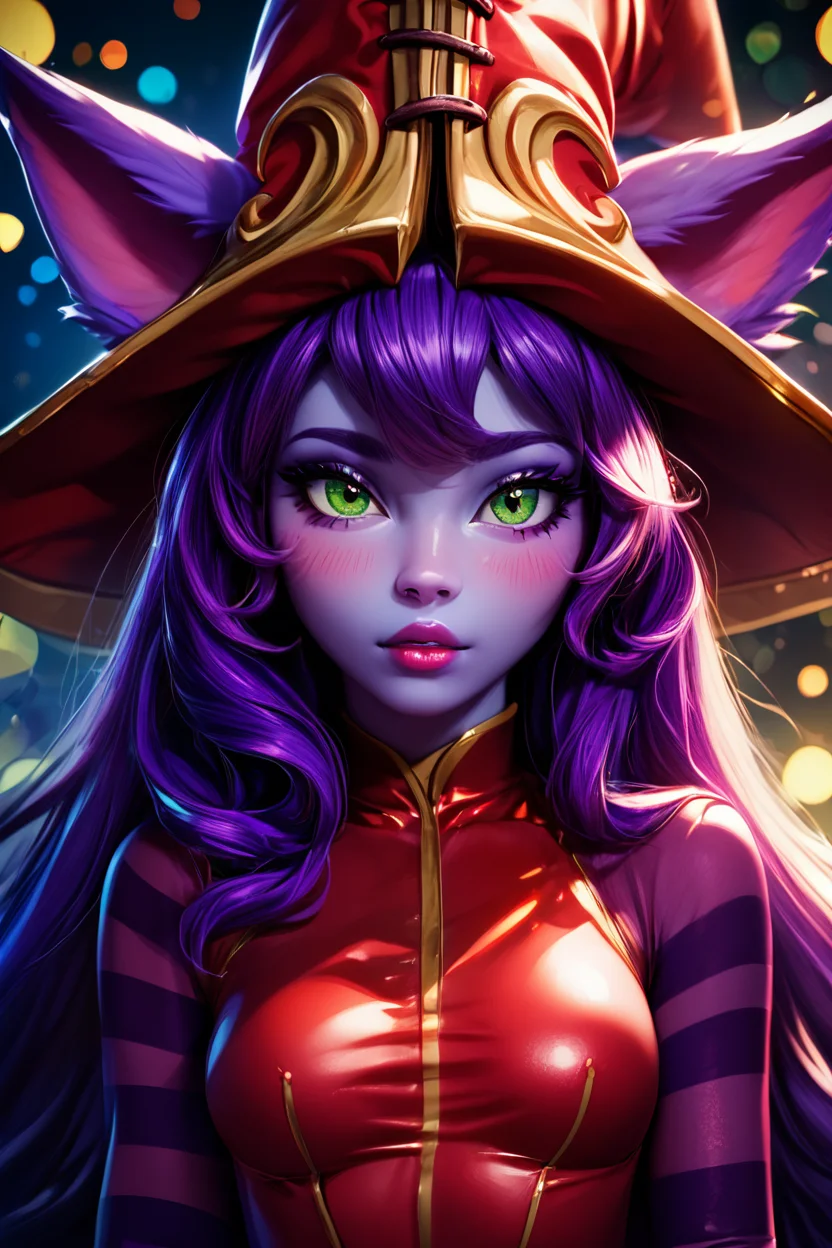 score_9, score_8_up, score_8, medium breasts, (curvy), cute, eyelashes, BREAK, , <lora:LuluLeagueoflegendsPDXL:0.8>, zzLulu, long hair, bangs, animal ears, green eyes, purple hair, colored skin, purple skin, long sleeves, hat, dress, red dress, red headwear, ears through headwear, striped sleeves, yordle,, BREAK, (ultra realistic,32k, masterpiece:1.2),(high detailed skin:1.1),( high quality:1.1), curvy, head tilt, hearts, blush, lips, curvy, head tilt, shiny clothes, (upper body), looking at viewer, bokeh, luminescent background, embedding:zPDXL, Expressiveh, <lora:RlAnmPDXL:1.0>,