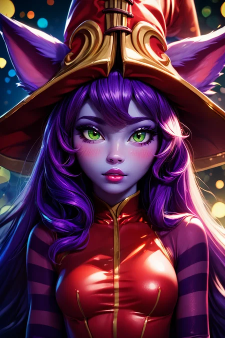 score_9, score_8_up, score_8, medium breasts, (curvy), cute, eyelashes, BREAK, , <lora:LuluLeagueoflegendsPDXL:0.8>, zzLulu, long hair, bangs, animal ears, green eyes, purple hair, colored skin, purple skin, long sleeves, hat, dress, red dress, red headwear, ears through headwear, striped sleeves, yordle,, BREAK, (ultra realistic,32k, masterpiece:1.2),(high detailed skin:1.1),( high quality:1.1), curvy, head tilt, hearts, blush, lips, curvy, head tilt, shiny clothes, (upper body), looking at viewer, bokeh, luminescent background, embedding:zPDXL, Expressiveh, <lora:RlAnmPDXL:1.0>,