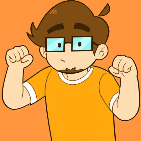 source_cartoon, saber (saberspark), 1boy, human, tan skin, short hair, brown hair, brown facial hair, raised inner eyebrows, glasses, (dot eyes), (no eye whites), orange t-shirt, p4wp0s3, paw pose,