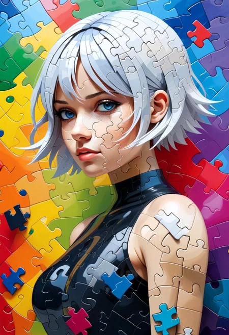 2b made out of puzzle pieces, masterpiece, full of details, vivid colours, positive emotional