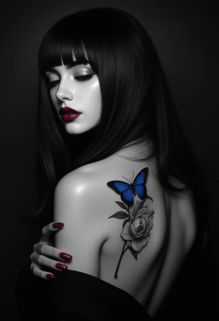 A high-contrast monochrome portrait of a woman, her pale skin standing out against a deep, textured black background. The background remains undefined, fading into darkness.
Her face is turned away from the viewer, partially hidden behind long, flowing dark hair that falls over her shoulders. Her lips are painted deep red, sharply contrasting against the grayscale tones of her skin. Shadows define the curve of her cheekbones, the slope of her nose, and the subtle dip of her closed eyes.
Her bare shoulder is softly illuminated, smooth and well-defined against the surrounding darkness. Her left hand rests gently against her upper arm, fingers delicately curled. Her long, red fingernails are painted the same deep red as her lips.
A vivid blue butterfly with finely detailed wings rests just below her shoulder blade. The butterfly is centered on a translucent tattoo of a white flower on her shoulder blade, its petals appearing soft and slightly blurred at the edges. The flower fades into the surrounding light, making it appear almost weightless against her skin.
The lighting is soft and diffused, casting gentle highlights along the contours of her face, shoulder, and hand while leaving deep shadows in the background. The selective use of color—red for her lips and nails, blue for the butterfly—stands out against the monochrome tones, drawing attention to the key focal points.
