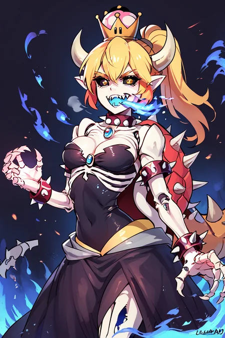 score_9, score_8_up, score_8, medium breasts, (curvy), cute, eyelashes, BREAK, , zzDryBowsette, black sclera, colored sclera, skeleton, horns, spikes, dress, dress, jewelry, tail, yellow eyes, ponytail, horns, teeth, artist name, black dress, collar, bracelet, fingernails, strapless, glowing, fire, crown, sharp teeth, strapless dress, claws, spikes, armlet, colored sclera, sharp fingernails, black sclera, spiked bracelet, spiked collar, ribs, skeleton, super crown, bone, blue fire, transformation, spiked armlet, spiked shell, breathing fire, <lora:DryBowsette_PDXL:1.0>, , BREAK, smile, looking at viewer, ,,, abstract background, white outline, cowboy shot, ,,, embedding:zPDXL, Expressiveh, ,,, <lora:CatalystStylePDXL:0.6>, <lora:SDXLFaeTastic2400:0.5>, <lora:Expressive_H-000001:0.4>,