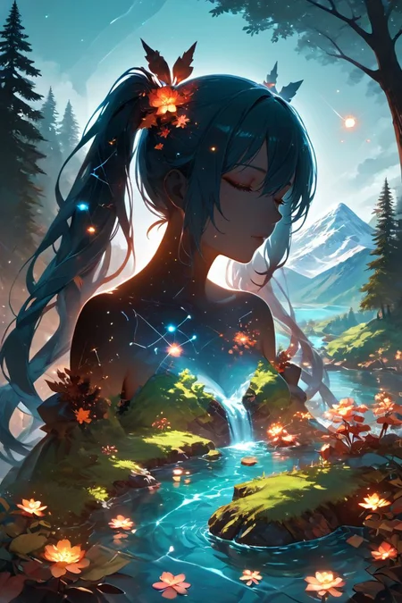 score_9,score_8_up,score_7_up,
<lora:(增强)sdxl_lightning_8step_lora:1>,<lora:(增强)Hands XL 4:0.8>,<lora:ExpressiveH:0.8>,Expressiveh,<lora:(增强)add_details_xl>,<lora:glowneon_xl_v1:1>,glowing,
<lora:Whimsical Visions:0.8>,1girl,bow,breasts,constellation,double exposure,hatsune miku,long hair,moss,mountain,ponytail,river,silhouette,solo,tree,twintails,water,wrnchexpwhimsicalvisions,
