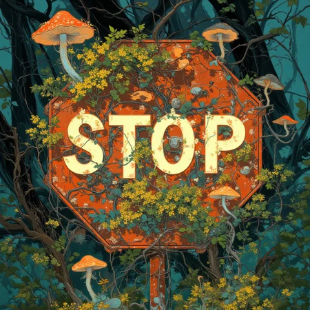 Niji artstyle, A deep interconnected network of fungus colonies in top of a old rusty stop sign , sign resting in between fallen leaves