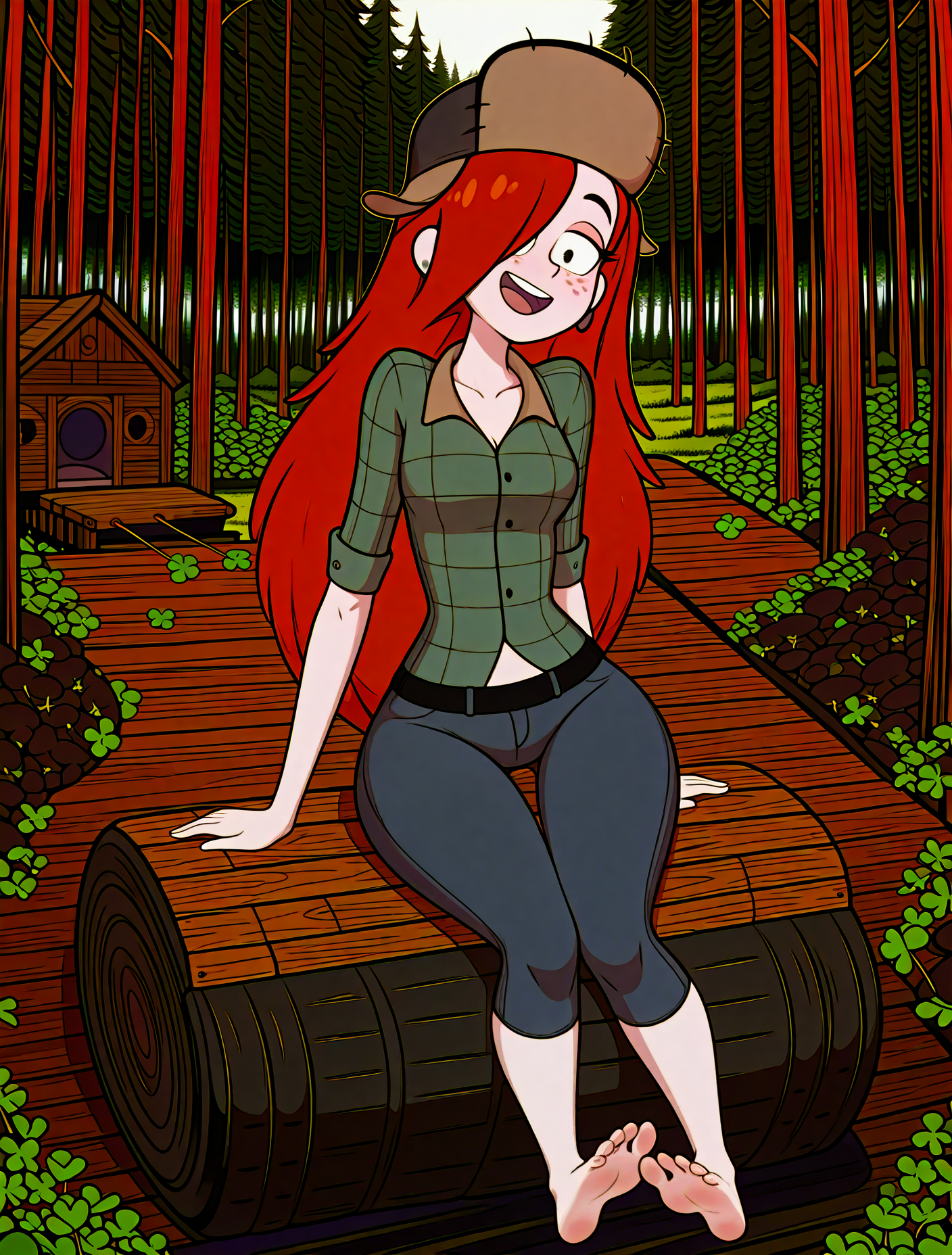 masterpiece, best quality, very aesthetic, absurdres, highres, w_g_f, 1girl, solo, full body, ginger hair, pupils black dots, black eyes, freckles, gray earrings, fur hat, green flannel shirt, skin tight blue denim pants, sexy look, gorgeous face, (five anatomically correct toes), perfect toes, nailtoes, feet, (by nekoda (maoda):0.7), perfect soles, (happy expression), (curl mascara:0.4), perfect anatomy, porcelain pale skin, thick thighs, wide hips, toned calves, thigh gap, (sitting on tire swing), holding clover leaf, anatomically curvaceous pear-formed-bubble-butt , beautiful stunning scene, (forest cabin:1.5)
