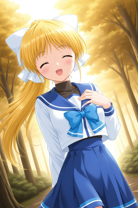 masterpiece, best quality, absurdres, official art, official style, rating general BREAK <lora:leticiaapple_IL_v1-1:0.7>, leticia apple, 1girl, solo, blue eyes, blonde hair, very long hair, high ponytail, small breasts, hair bow, large bow, white bow, serafuku, school uniform, white shirt, black undershirt, turtleneck, long sleeves, blue bowtie, blue skirt, miniskirt, pleated skirt, white line, blush, cowboy shot, standing, closed mouth, blue sailor collar, floating hair, collarbone, wind, closed eyes, open mouth, music, hand on own chest, singing, dutch angle, leaning back, medium breasts, outdoors, forest, sunlight, backlighting, glowing, glowing on backlighting, dynamic pose