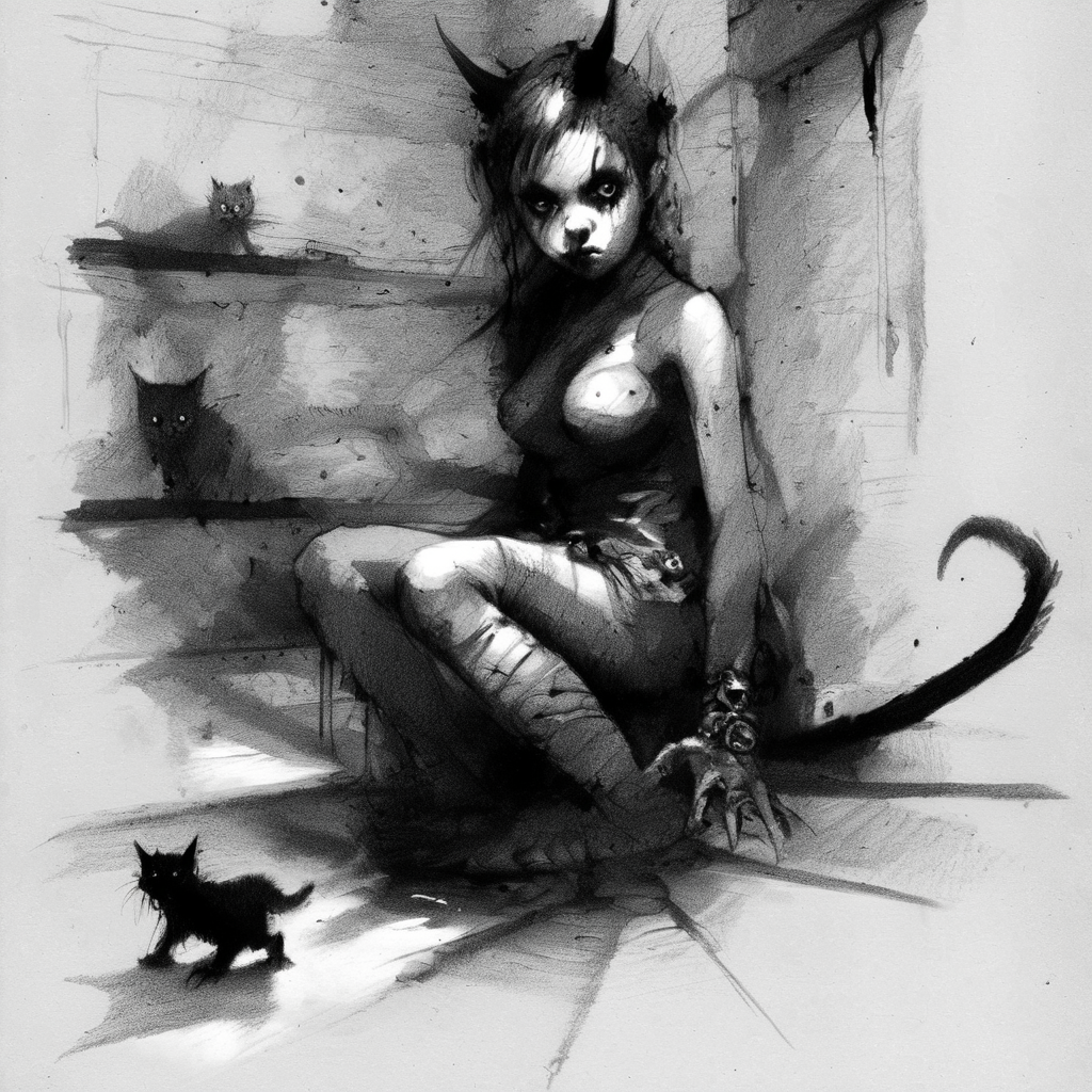 drawix8 girl with a black kitten in the demon room, claustrophobic, disturbing, dark, unusual expressive shot <lora:drawix8:1>