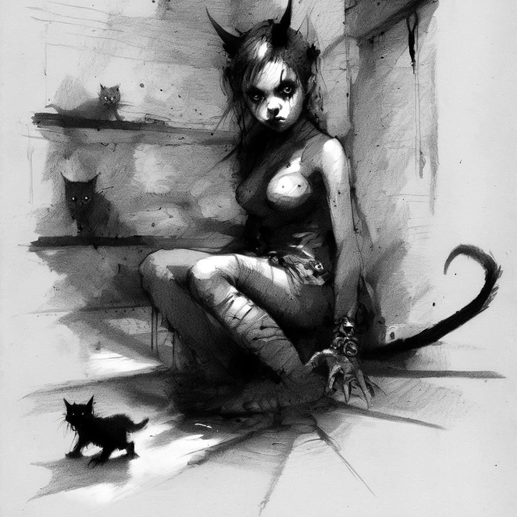 drawix8 girl with a black kitten in the demon room, claustrophobic, disturbing, dark, unusual expressive shot <lora:drawix8:1>