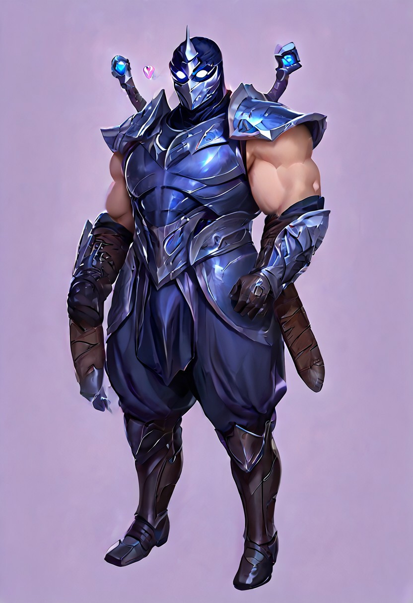 score_9, score_8_up, score_7_up, score_6_up, score_5_up, score_4_up, source_anime,  Shen, solo, looking at viewer, blue eyes, simple background, gloves, 1boy, holding, full body, weapon, male focus, horns, black gloves, sword, holding weapon, armor, bodysuit, mask, glowing, holding sword, helmet, shoulder armor, gauntlets, glowing eyes, single horn, purple background, breastplate, black bodysuit, white eyes, knight, full armor, black armor, tokusatsu, broad shoulders, muscular, huge pecs, huge traps, big bulge, huge thighs, <3