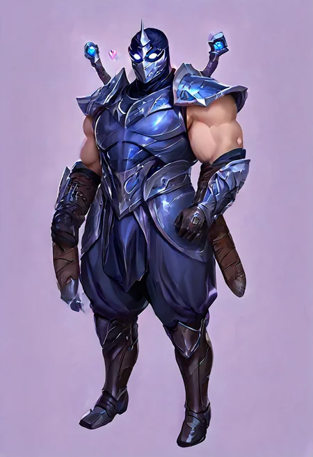 score_9, score_8_up, score_7_up, score_6_up, score_5_up, score_4_up, source_anime, Shen, solo, looking at viewer, blue eyes, simple background, gloves, 1boy, holding, full body, weapon, male focus, horns, black gloves, sword, holding weapon, armor, bodysuit, mask, glowing, holding sword, helmet, shoulder armor, gauntlets, glowing eyes, single horn, purple background, breastplate, black bodysuit, white eyes, knight, full armor, black armor, tokusatsu, broad shoulders, muscular, huge pecs, huge traps, big bulge, huge thighs, <3