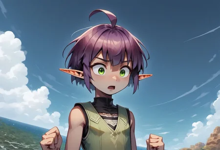 Lapanya, 1 person, solo, pointy ears, ((snout nose)), flat chest, small nostrils, short stature, skinny arms, ((hazel irises)), fair skin, ((dark lilac hair)), short hair, tomboy haircut, small nostrils, 3 fingers 1 thumb ((Sleeveless green vest, fitted black undershirt, black pantaloons, fully clothed))
Falling from the sky, midair, falling towards the ocean, wide eyes, stunned expression, open mouth
Clouds above, ocean below
clean lines, up close, upper body focus, highly detailed face, high quality, best quality, score: 9, score: 8 up, rating: safe