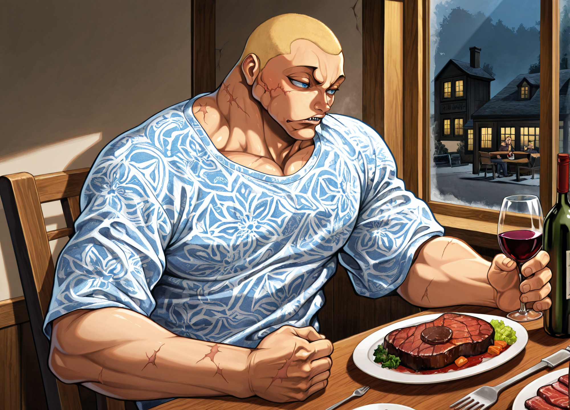 masterpiece, best quality, amazing quality, absurd res,
<lora:Jack_Hanma_Baki_for_Illustrious:0.8> 1boy, j4ck_h4nma, muscular, scar, blue eyes, shaved head, manly, blonde hair, pattern shirt, 
sitting at table, resturant, booth, window, eating steak, open mouth, metal teeth, steak in mouth, many steaks on table, bottle of wine,