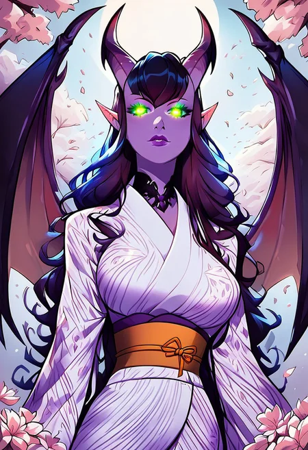 score_9, score_8_up, score_7_up, smooth style, 1girl, beautiful, purple tiefling, large breasts, large demon wings, perfect face, perfect eyes, sexy, beautiful eyes, perfect cute face, cute nose, Nose bridge, masterpiece, best quality, godrays, green pupils, glowing, glowing eyes, extra detailed, high res, long sleeves, orange obi, orange trim, print kimono, red yukata, white trim, wide sleeves, yukata, japanese architecture, cherry blossoms,