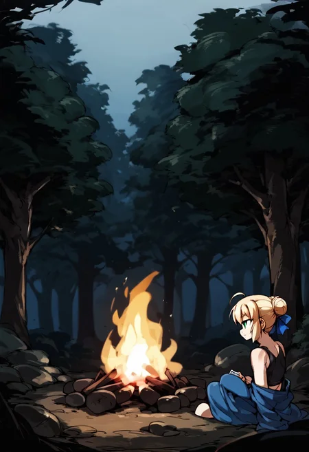 score_9, score_8_up, score_7_up, anime screencap, rating_safe, intricate details, , depth of field, doppel style, 1girl, saber \(fate\), blonde hair, green eyes, ahoge, hair between eyes, hair bun, hair bow, solo, from side, cabin, forest, campfire, dark, (dynamic pose), half-closed eyes, smile, <lora:blue_lock_style_pony:1.2>, blue_lock_style, , blue lock bodysuit, , black tank top, <lora:sdxl_lightning_8step_lora:1>