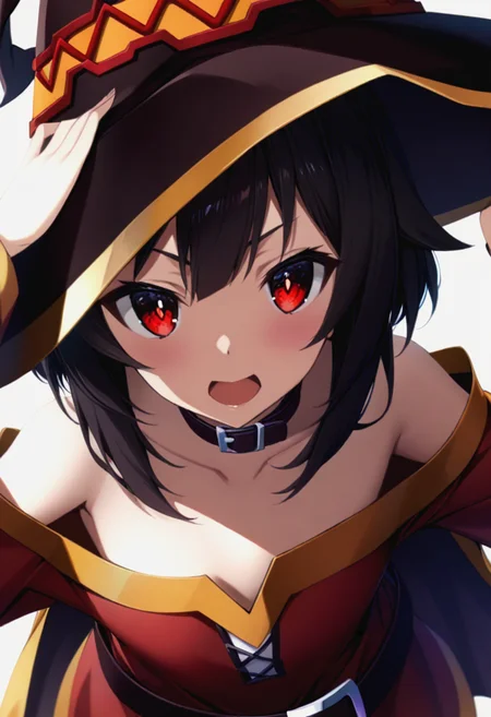 1girl,megumin_(konosuba),bare_shoulders,belt_collar,black_hair,close-up,collar,collarbone,dress,glowing,glowing_eyes,hand_on_headwear,<lora:anime enhancer V3 xl:1>,detailed,skin,texture,detailed skin texture,volumetric,shadow,hat,looking_at_viewer,off-shoulder_dress,off_shoulder,open_mouth,portrait,red_dress,red_eyes,simple_background,<lora:megumin_konosuba xl:0.7>,solo,white_background,witch_hat,
