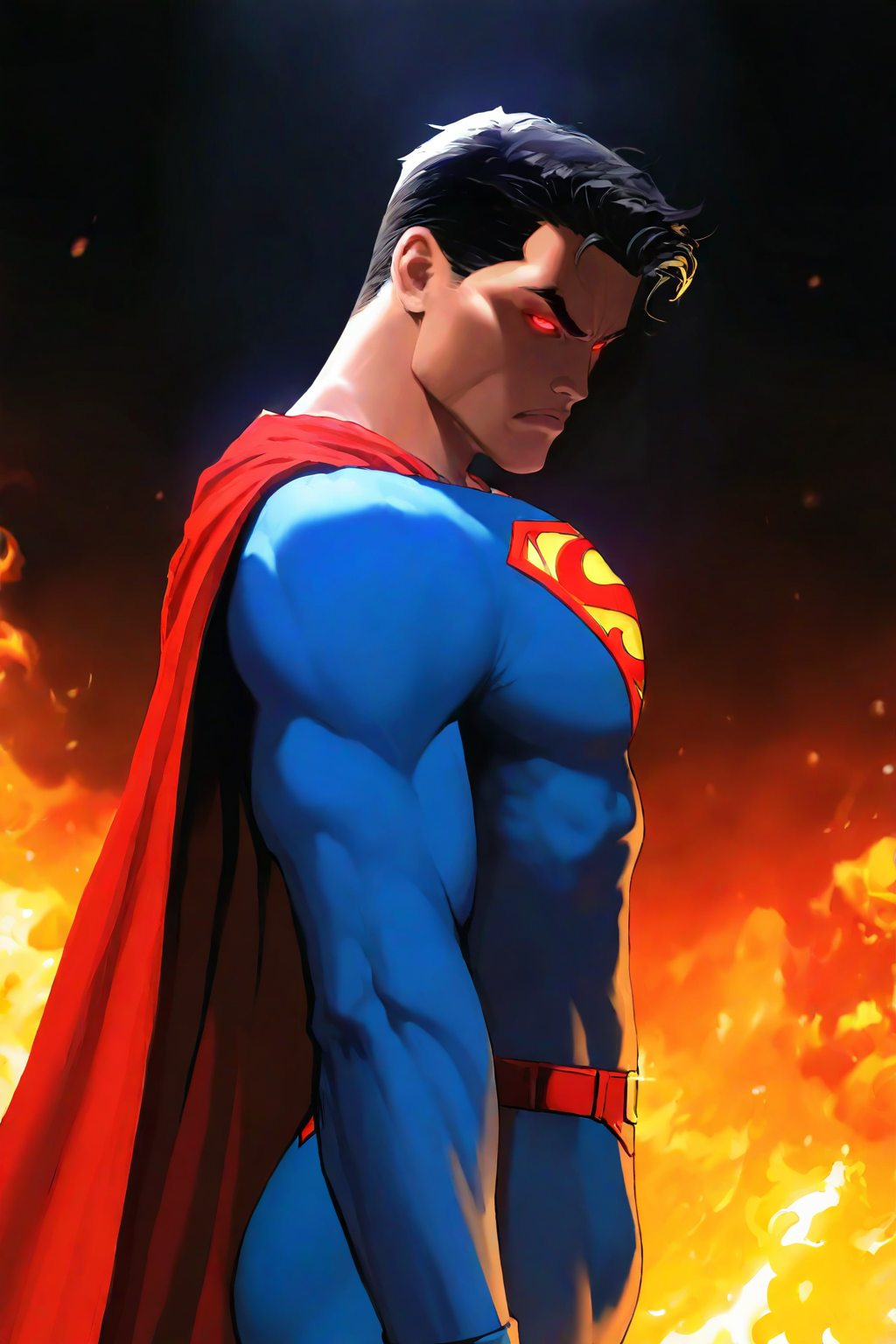 masterpiece, good quality, best quality, very awa, very as2, absurdres, highres, <lora:NOOB_vp1_detailer_by_volnovik_v1:1>
 <lora:Michael TurnerMarc SilvestriNoobAiLycoV3:1>mtms
mature,1boy, (superman), dark:2), dusty, (glowing eyes), red eyes, angry, from side, looking at viewer, cowboy shot, at night, shadow, illuminated face, fire in front