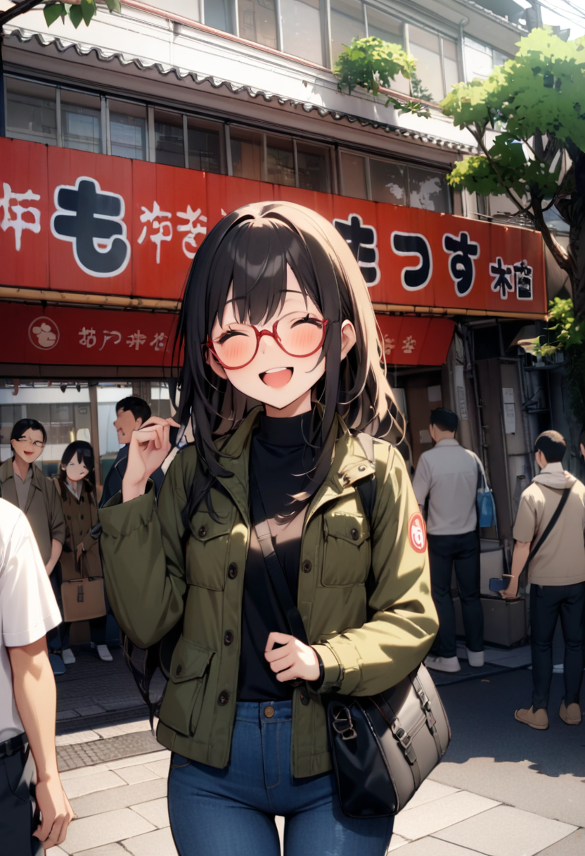 masterpiece, best quality, very aesthetic, absurdres,
1girl, solo, glasses, black hair, long hair, field jacket, jeans, black bag, smile, laughing, looking at viewer, solo focus,
moccos, scenery, storefront, japan, multiple boys, outdoors, real world location, scenery, 6+boys, plant, building, tree
 <lora:moccos_ramen_JAPAN_storefront_SDXL_V2:0.8>