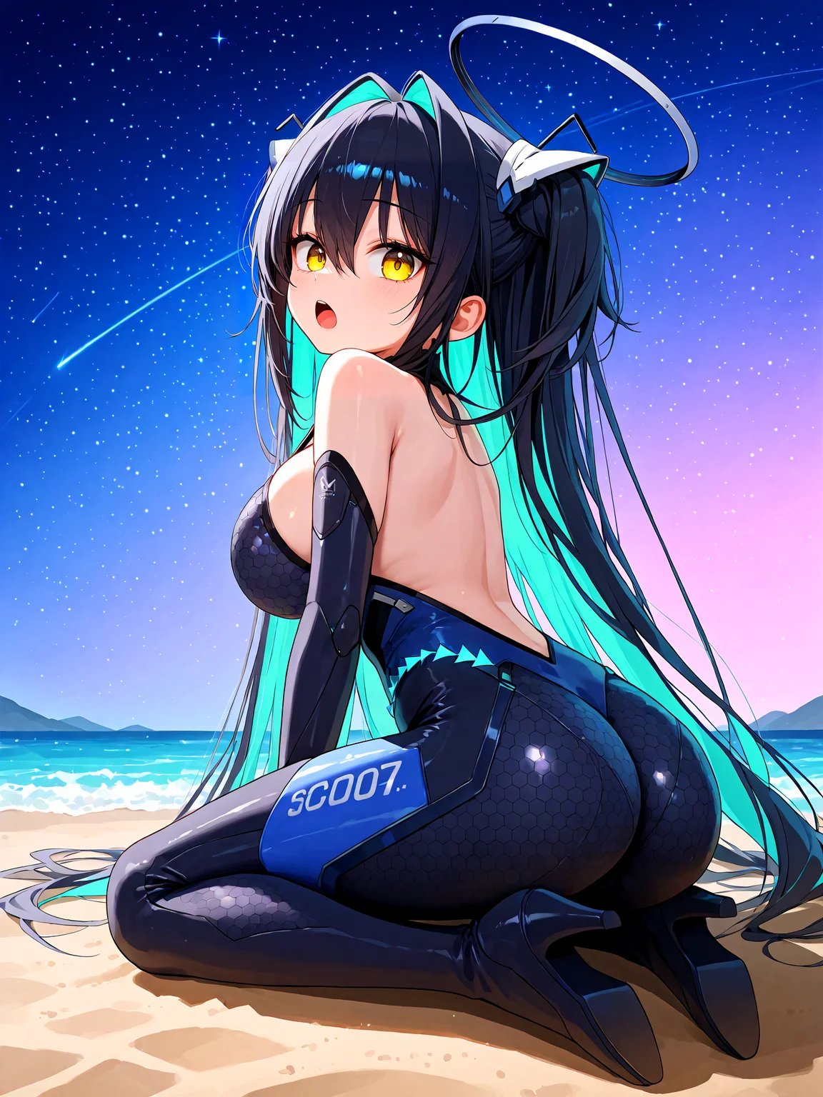 score_9, score_8_up, score_7_up, 1girl, solo, BREAK,
sirenlittlemermaidnikke, very long hair, hair intakes, twintails, hair between eyes, multicolored hair, colored inner hair, two-tone hair, black hair, aqua hair, yellow eyes, large breasts, BREAK,
black bodysuit, backless bodysuit, halterneck, covered navel, bare shoulders, gloves, hexagon print, honeycomb \(pattern\), honeycomb print, <lora:Little_Mermaid_Siren:1>, high heels, BREAK,
from behind, full body, looking back, looking at viewer, open mouth, BREAK,
grass, sand, starry sky background, gradient background, pink background, blue background