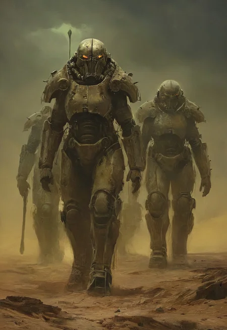 Four soldiers in power armor travelers in the post-apocalyptic desert,fallout universe,alienscape,glossy armor,intricate design,corrupted neverland,dramatic sky, dust,wind, bleak,glow,flickering, dark art, dim light, somber, dramatic, high quality, detailed,science fiction,distopia,horror theme,futuristic, technology,atompunk,dramatic,thrilling,decay,best quality,masterpiece,dynamic composition,color contrast,primary colors,no gradients,close-up