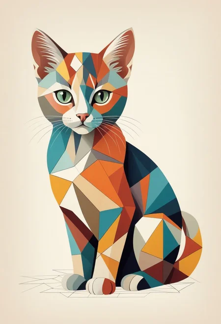 Generate a visually striking and conceptual illustration of a cubism kitten, meticulously drawn with exceptional precision. The kitten, composed of geometric shapes, is a vibrant mix of colors and patterns, creating a playful and eye-catching design. Its expressive eyes are detailed and full of life. The background is a vintage white, accentuating the kitten's uniqueness and captivating presence. The artwork masterfully combines architectural elements with illustration, making it a true masterpiece that pushes the boundaries of creativity and innovation.