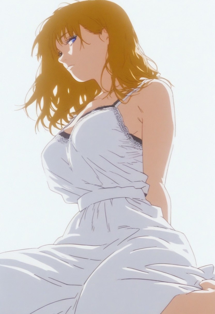 flatshinyskin, score_9, score_8_up, score_7_up , mitaka asa, black hair, (prBl, 1girl, solo, golden blonde hair, blue eyes, long hair,)) ,  MANGASTYLE, Sitting, on knees, seductive pose, breasts, solo, 1girl, looking at viewer, low angle,  bottom angle, front view, kneeling, spread legs, saggy off centered teardrop breasts, summer dress, facing viewer, hands behind back, kneeling down, black bra, bra straps, side focus, side angle, side portrait, side profile