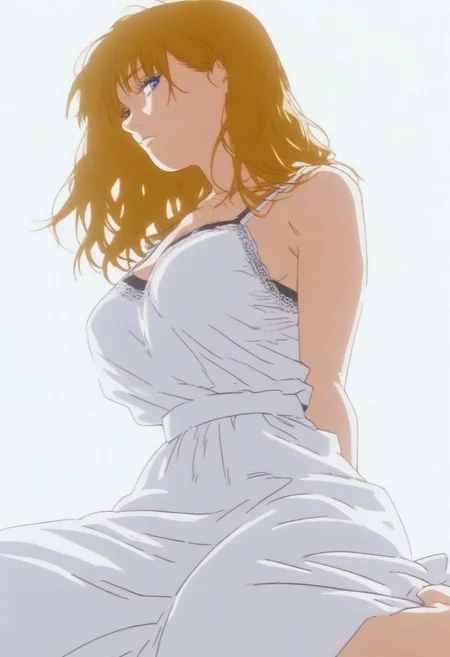 flatshinyskin, score_9, score_8_up, score_7_up , mitaka asa, black hair, (prBl, 1girl, solo, golden blonde hair, blue eyes, long hair,)) ,  MANGASTYLE, Sitting, on knees, seductive pose, breasts, solo, 1girl, looking at viewer, low angle,  bottom angle, front view, kneeling, spread legs, saggy off centered teardrop breasts, summer dress, facing viewer, hands behind back, kneeling down, black bra, bra straps, side focus, side angle, side portrait, side profile