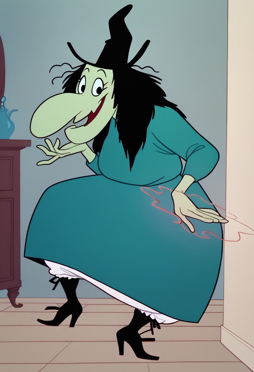 score_9, score_8_up, score_7_up BREAK WitchHazel, 1girl, black hair, black eyes, green skin, single lower bucktooth, long nose, long-sleeved teal shirt, teal skirt, white victorian bloomers, long black high-heeled boots, cartoon, source_cartoon, smiling at viewer, magic spell, witchcraft, halloween atmosphere, halloween decorations, creepy mansion indoors, full body,
