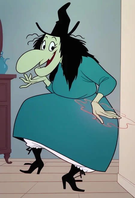 score_9, score_8_up, score_7_up BREAK WitchHazel, 1girl, black hair, black eyes, green skin, single lower bucktooth, long nose, long-sleeved teal shirt, teal skirt, white victorian bloomers, long black high-heeled boots, cartoon, source_cartoon, smiling at viewer, magic spell, witchcraft, halloween atmosphere, halloween decorations, creepy mansion indoors, full body,