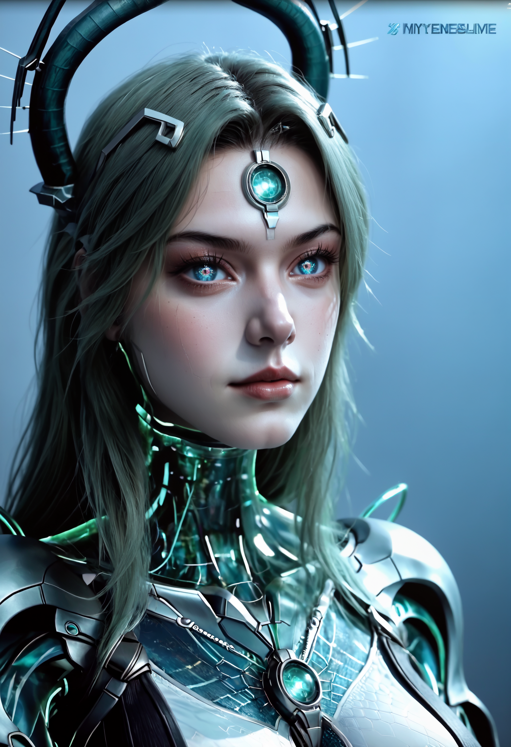 Masterpiece, best quality, amazing quality, very aesthetic, high resolution, ultra-detailed, absurdres, HDR, cinematic lighting, highres, newest, 
PoYu, snake woman, cyborg lamia, futuristic snake-themed character, biomechanical hybrid, snake tail lower body, green hair, 1girl, solo, lips, long hair, smile, makeup, cyborg, lipstick, metallic body parts, teal glowing eyes, forehead jewel, cyberpunk aesthetic, techno-organic design, snake horns, glowing teal highlights, holographic elements, dutch_angle,