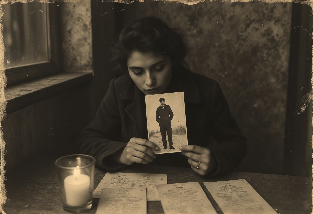 35mm B&W vintage street photo of a woman longingly looking at a photo of a man in a military outfit, written love letters scattered on a table, candlelight, home interior, 1920s, vintage, romantic, war era, sepia tone, old photograph, high quality, detailed, realistic